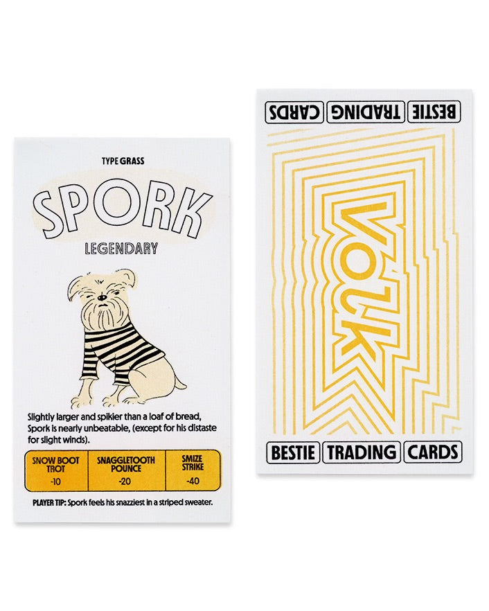 Front and Back of Riso custom trading cards. The front has a name, illustration, a bio, and attacks. The back says "Bestie Trading Cards."